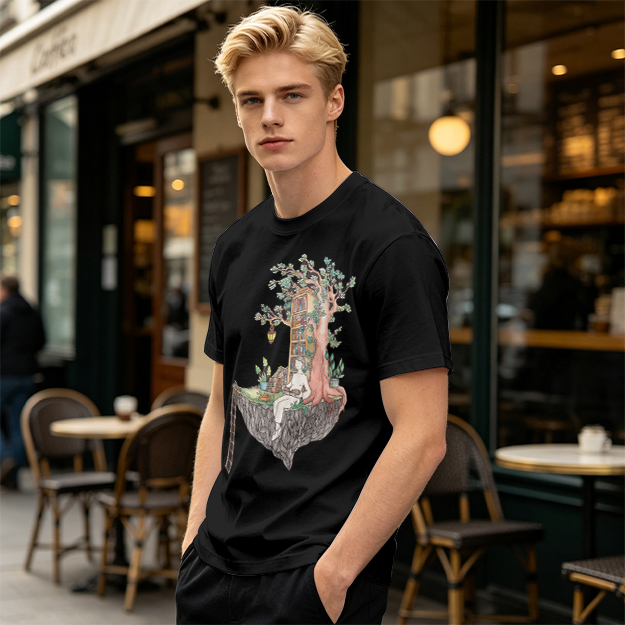 Olive t-shirt with whimsical floating treehouse reading scene print