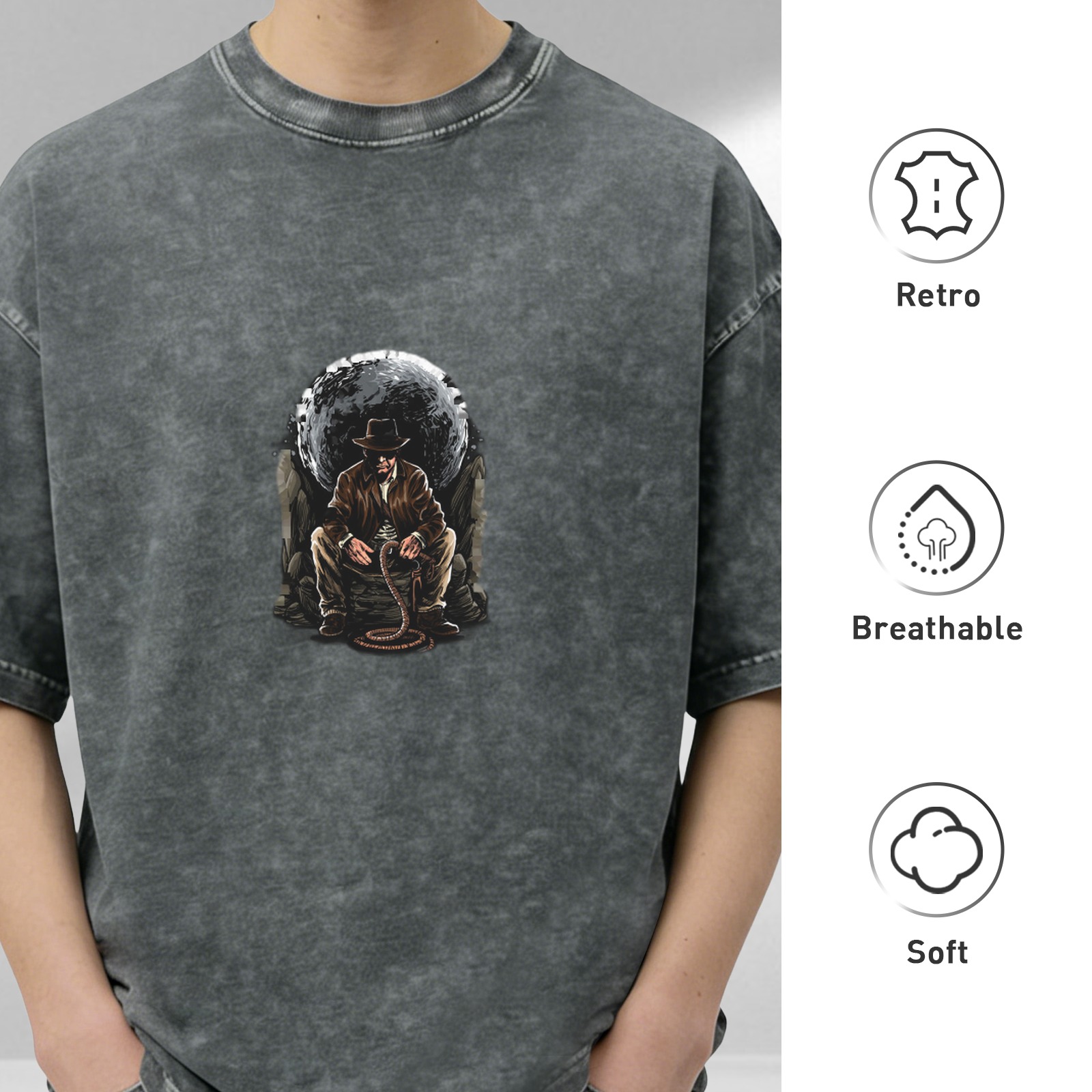Washed Black T-Shirt With Adventurer And Snake Graphic Print