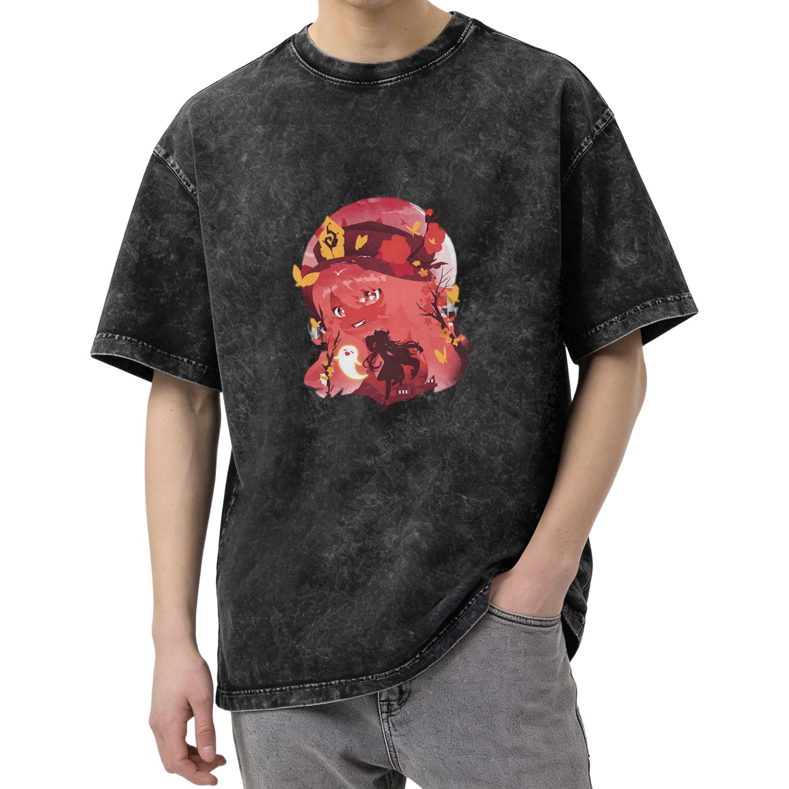 Anime Character Graphic Washed Black Oversized T-Shirt