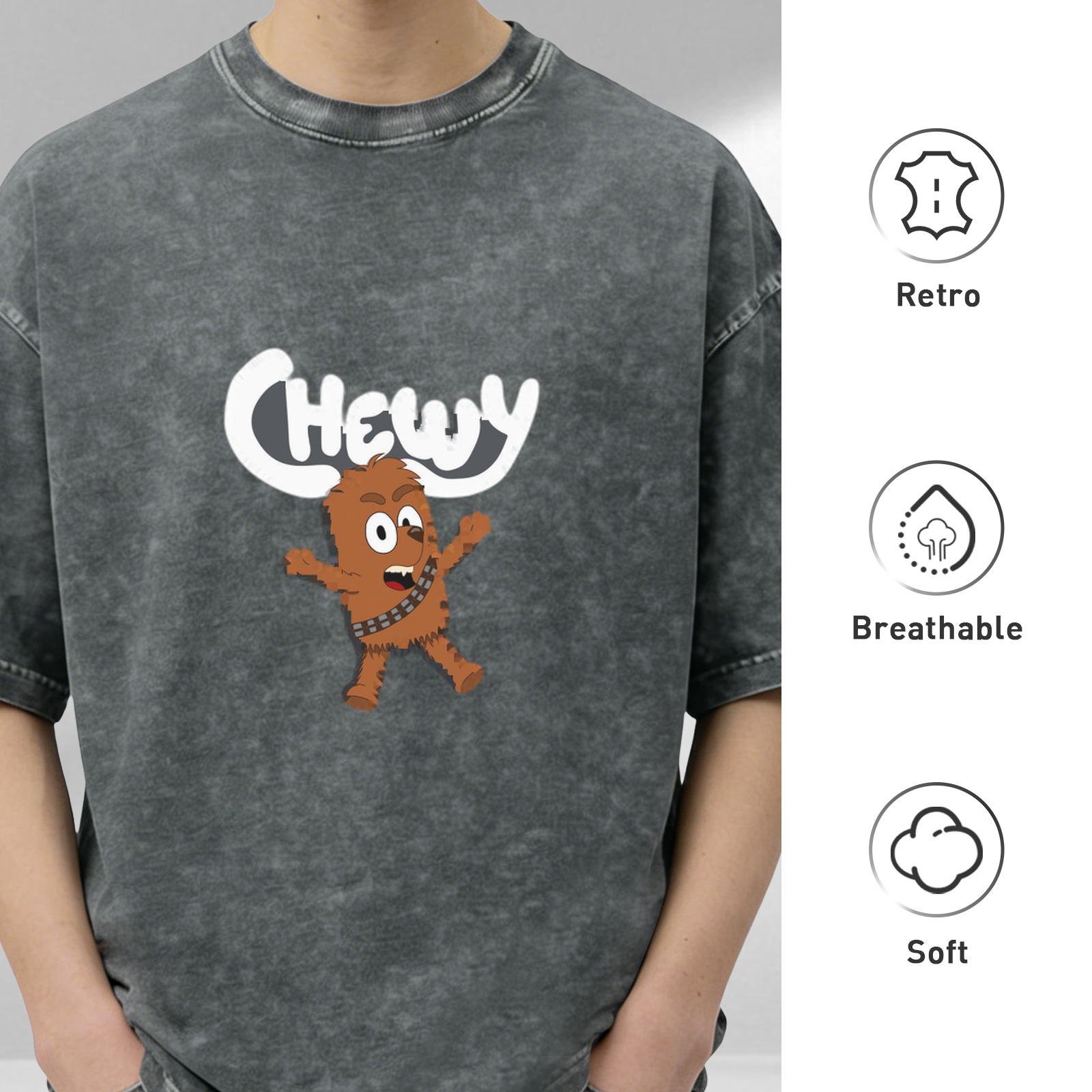 Oversized Vintage Wash T-Shirt with Cartoon Chewbacca 'Chewy' Graphic Print
