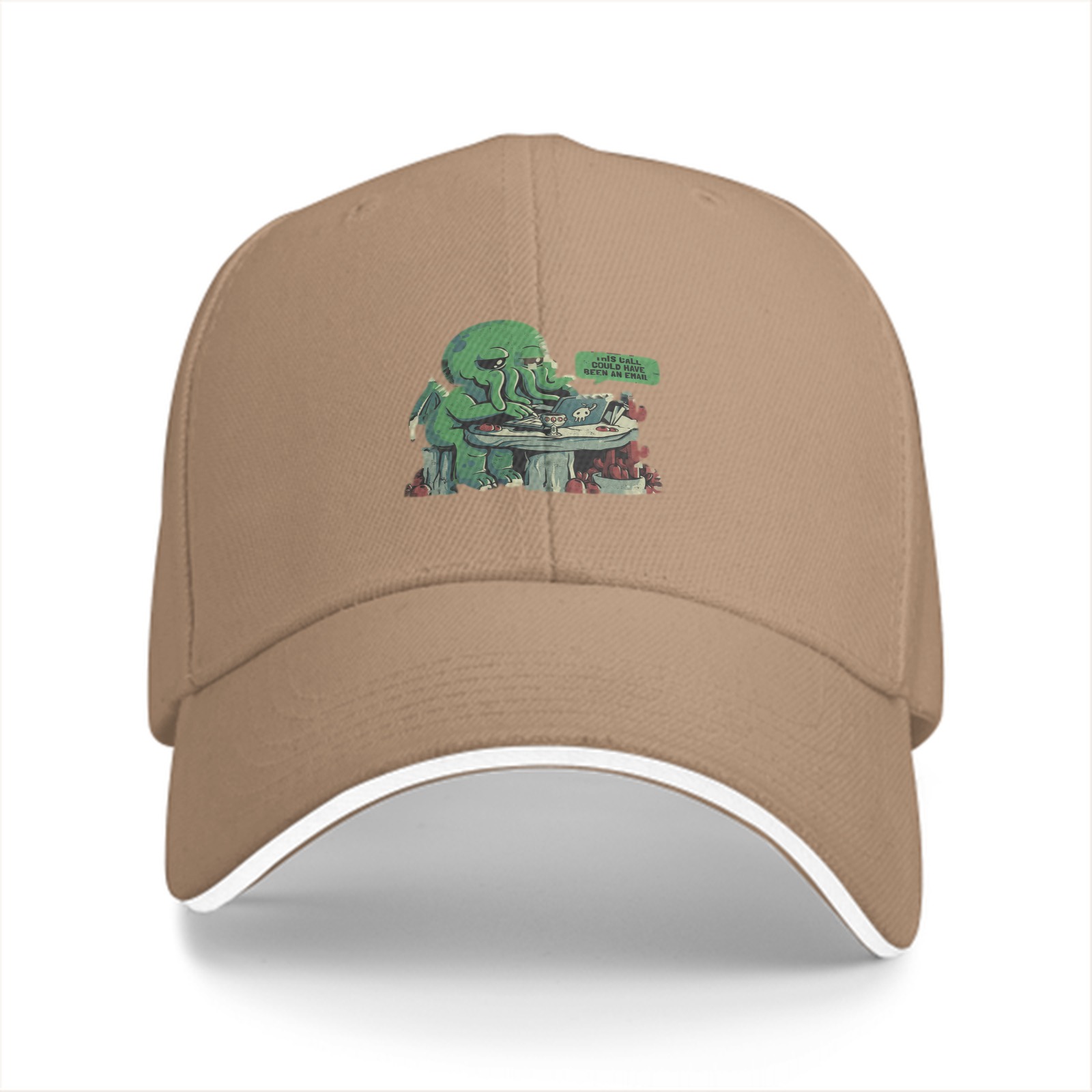 Black baseball cap with cute Cthulhu using laptop graphic