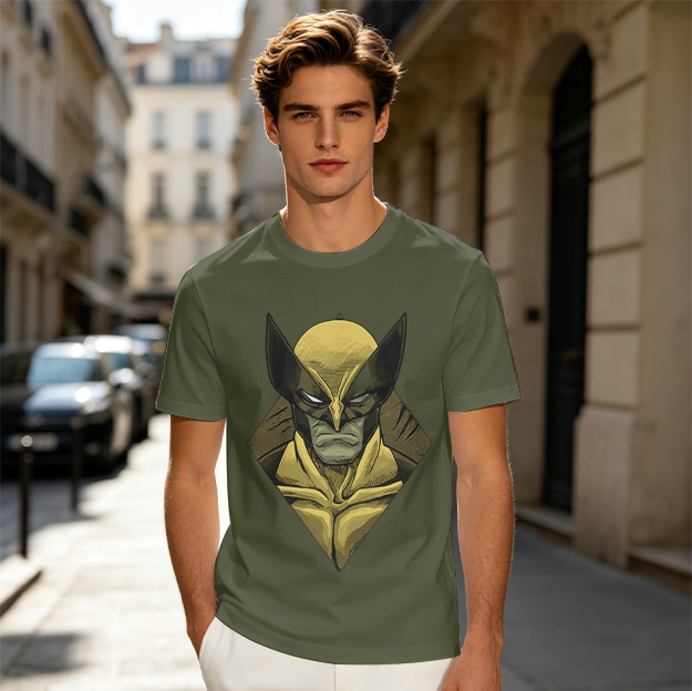 Olive T-shirt with Wolverine Superhero Graphic Print