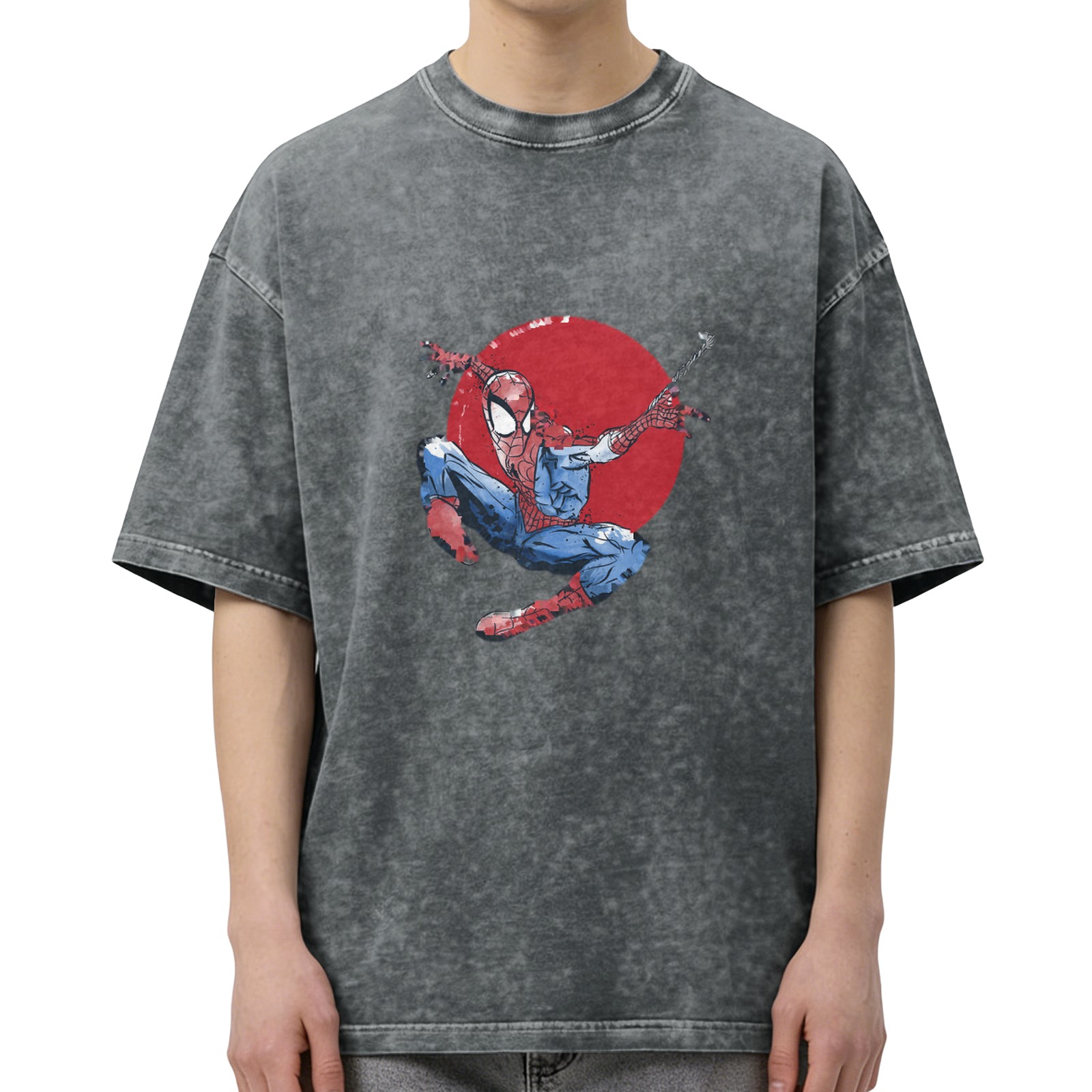 Washed Black Oversized T-Shirt with Spider-Man Red Circle Graphic