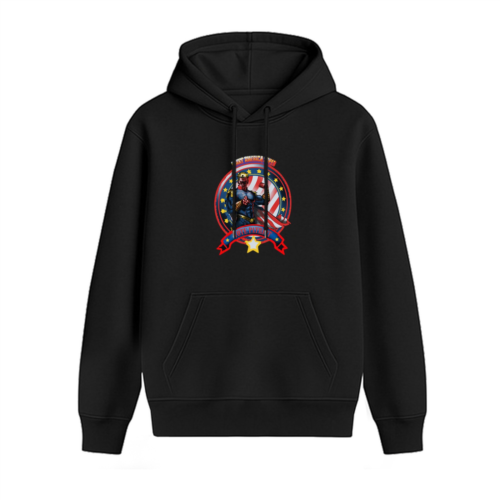 Black Hoodie With Patriotic Superhero Graphic Print