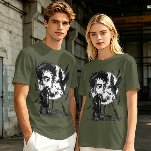 Olive T-Shirt with Chibi Dark Character and Crow Print
