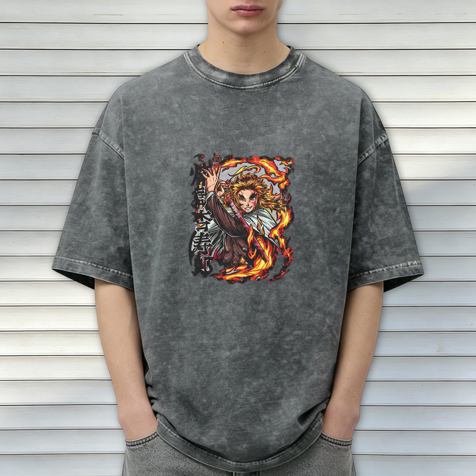 Demon Slayer: Kimetsu no Yaiba Purgatory Anjurou themed distressed washed short-sleeved T-shirt