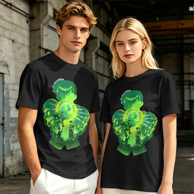 Anime Character Silhouette Glowing Green Graphic T-Shirt