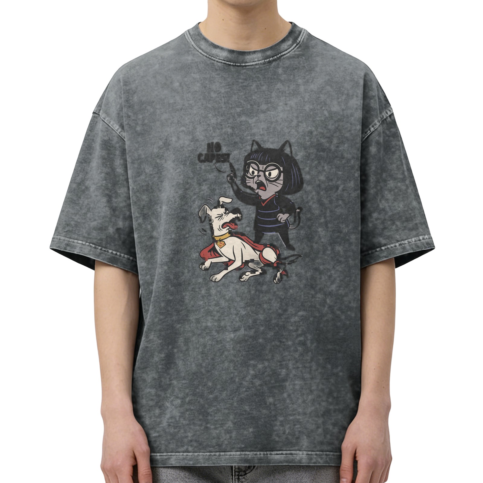 Washed Black T-Shirt With Cartoon Cat and Dog Graphic