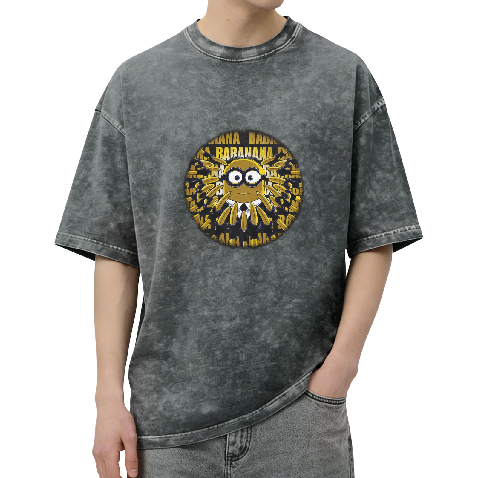 Washed Black Minion Banana Graphic Short Sleeve T-Shirt