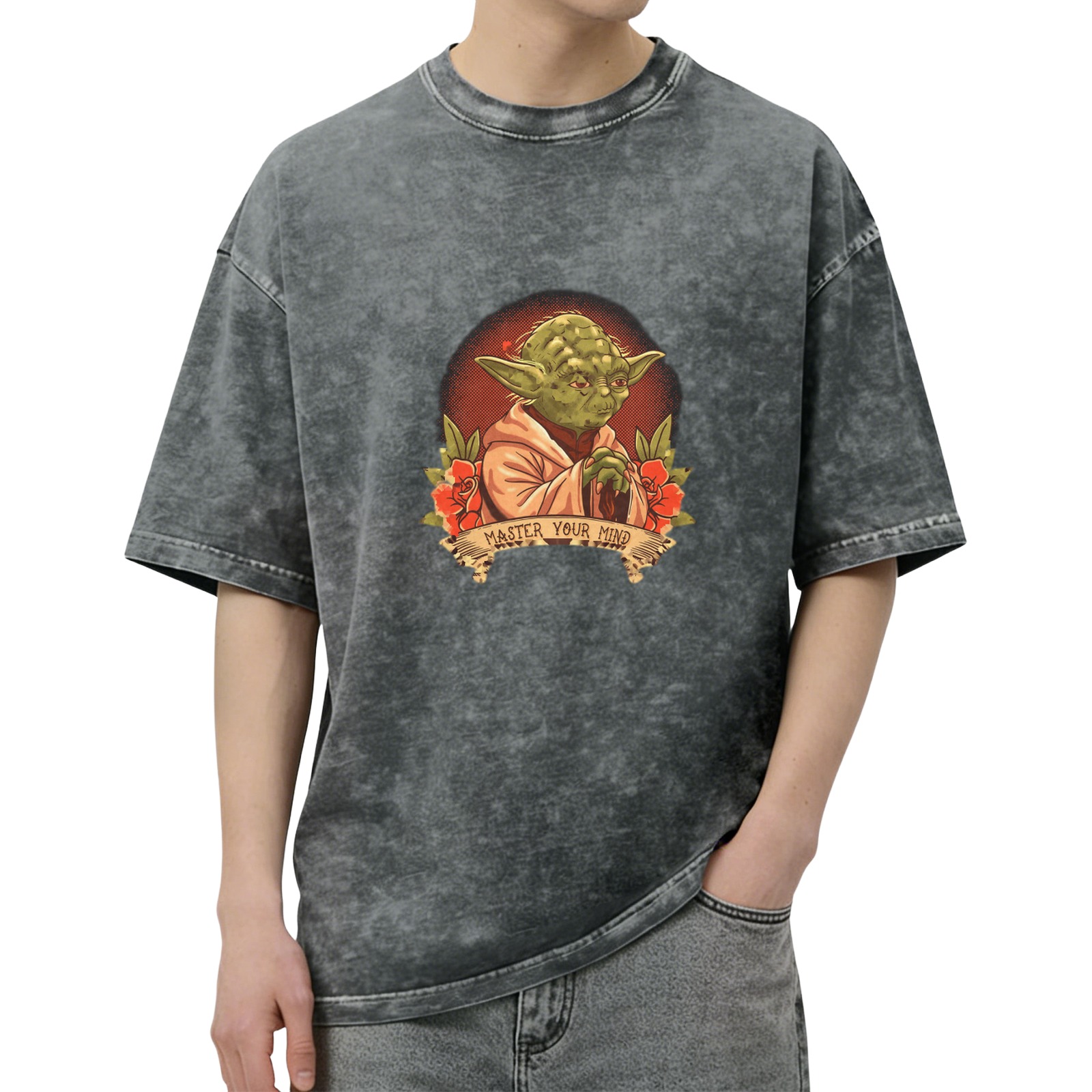 Washed cotton t-shirt with Yoda 'Master Your Mind' graphic print