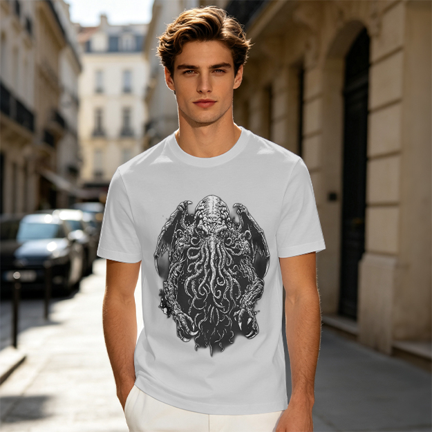 Olive Green T-Shirt with Cthulhu Monster Graphic Print