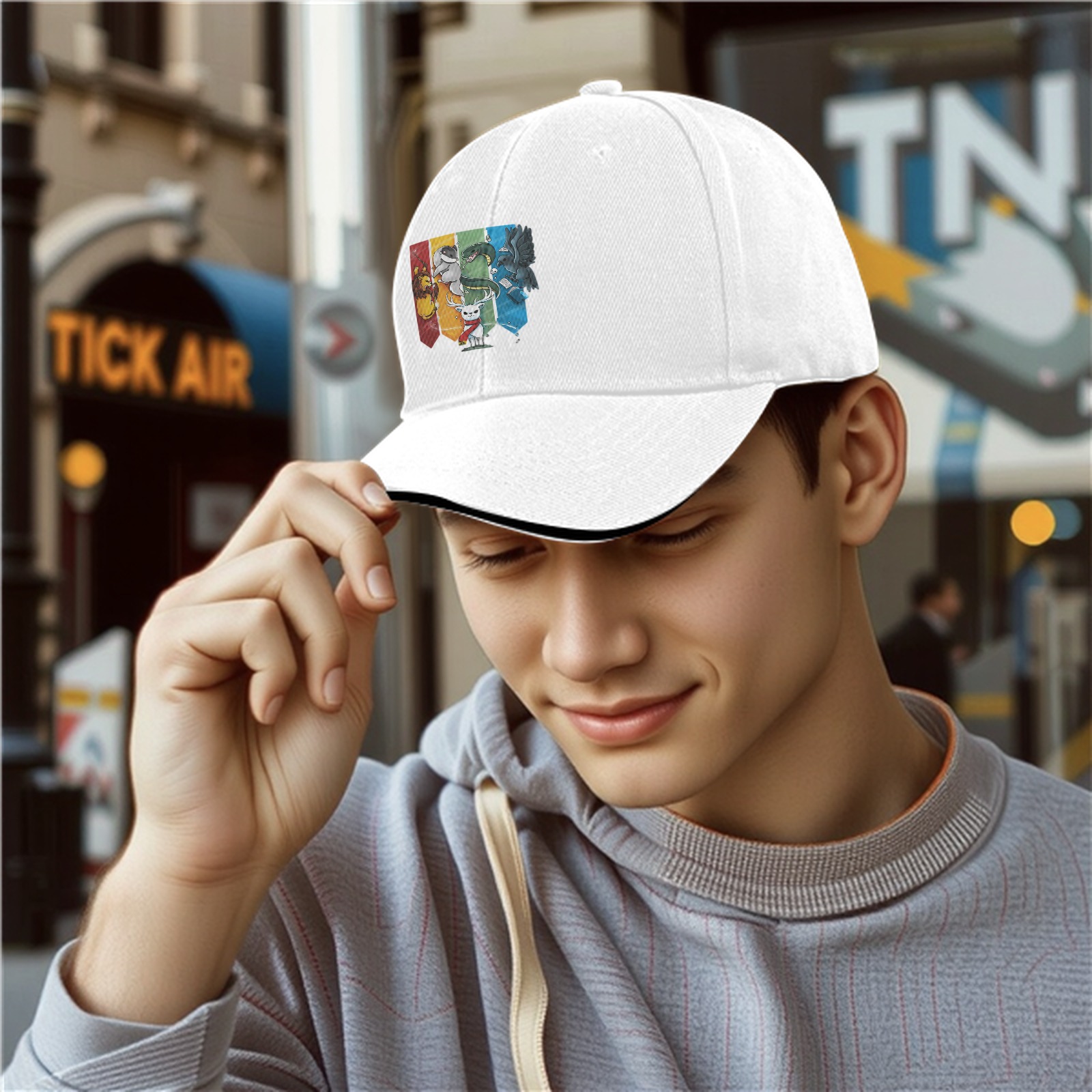 Black baseball cap with Harry Potter house mascots graphic