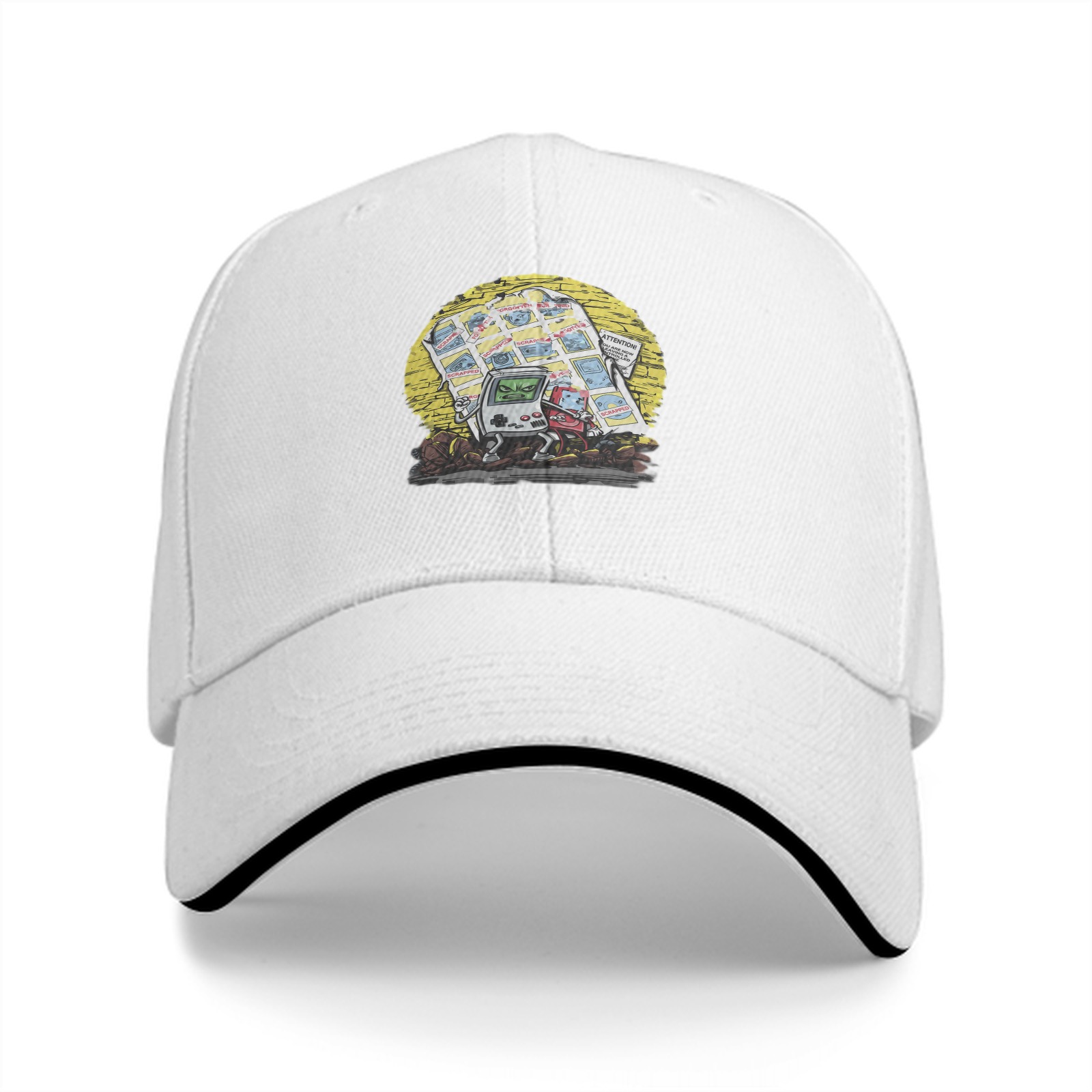 Black Baseball Cap With Retro Handheld Game Characters Graphic
