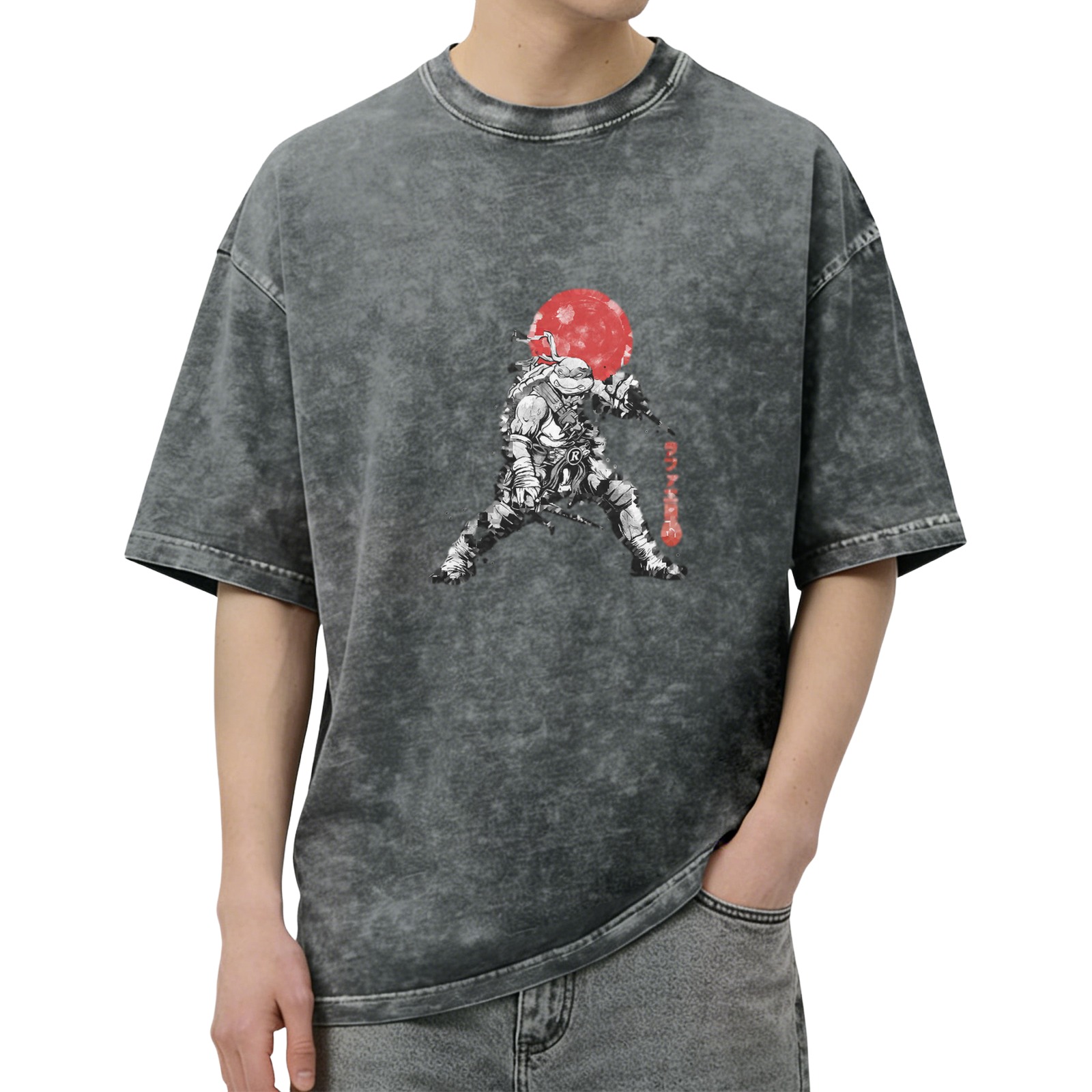 Washed black t-shirt with ninja turtle warrior graphic and red moon design