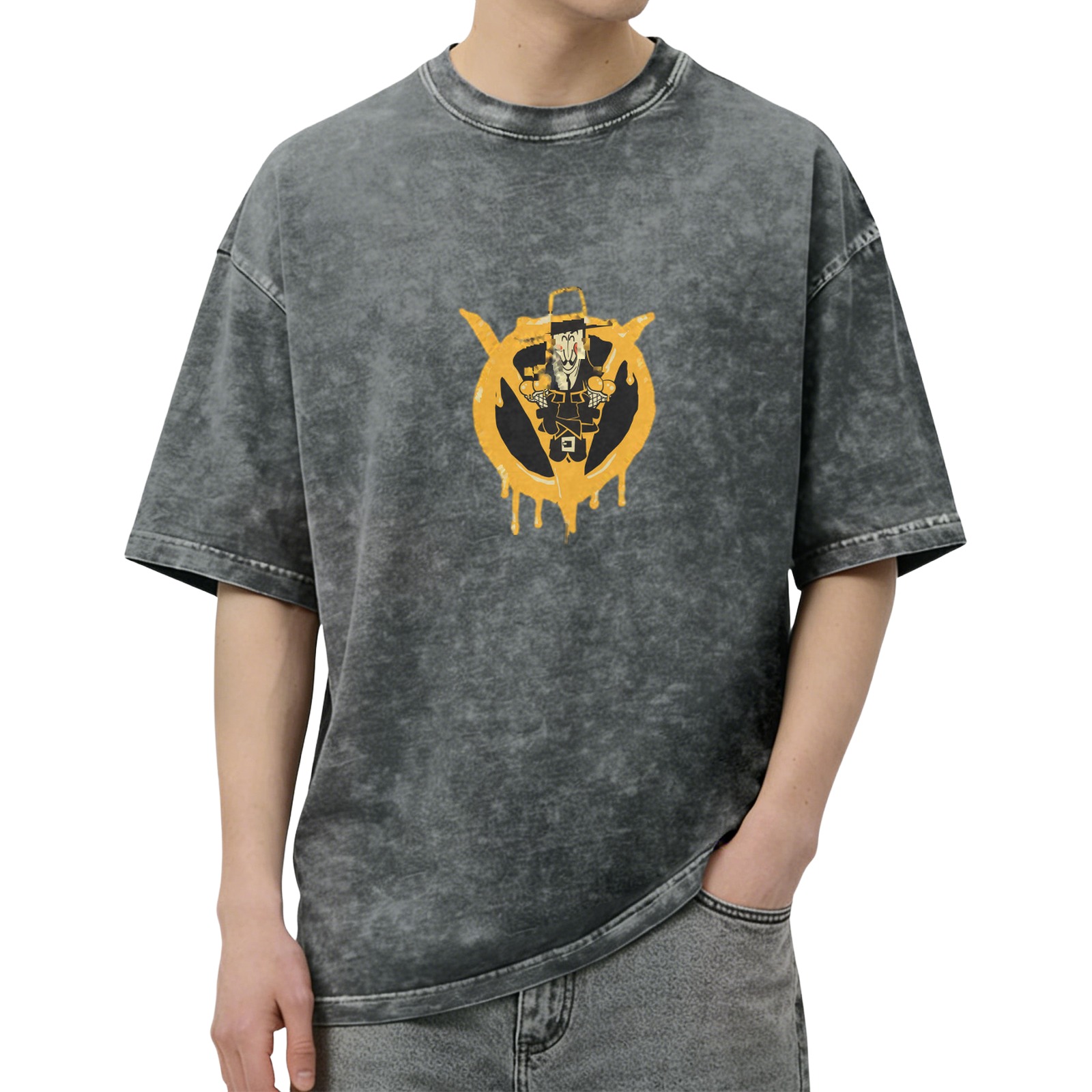 Washed Black T-Shirt With Graffiti Style Pilgrim Graphic