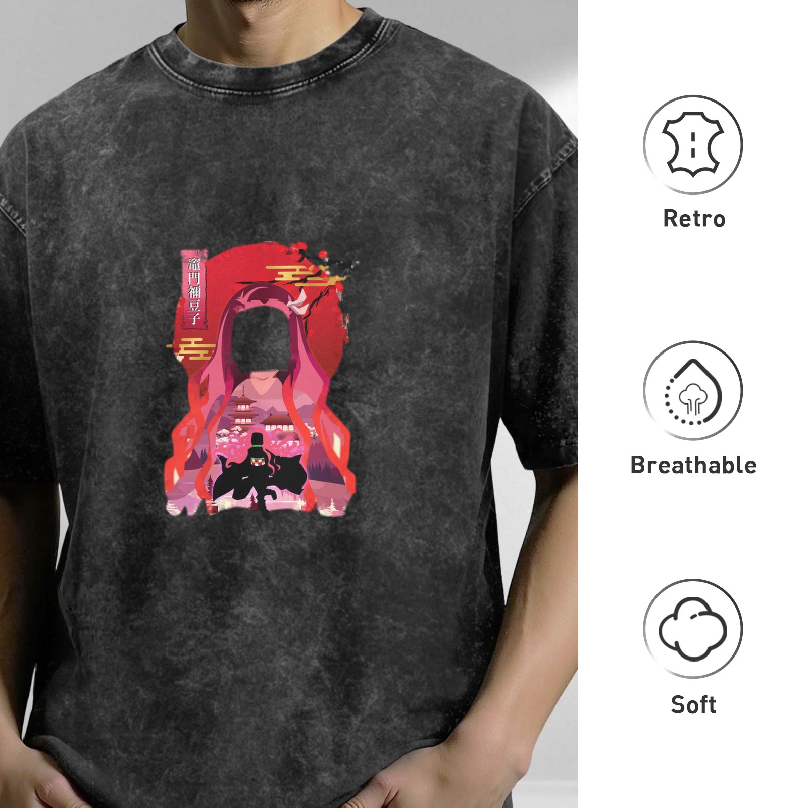 Washed Black Anime Graphic T-Shirt with Japanese Art Design