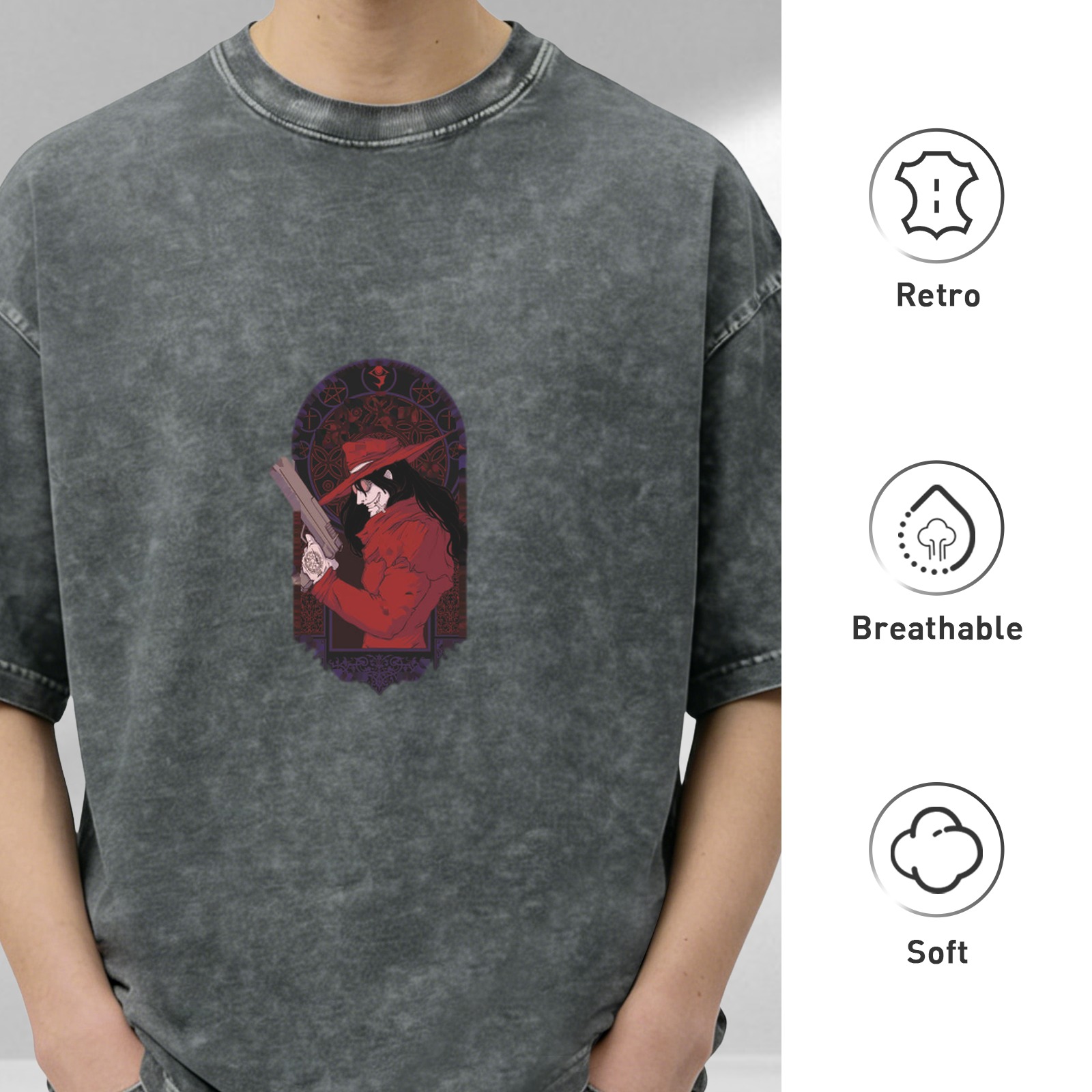Distressed washed black loose short-sleeved T-shirt anime character print (Hellsing Accardo theme)