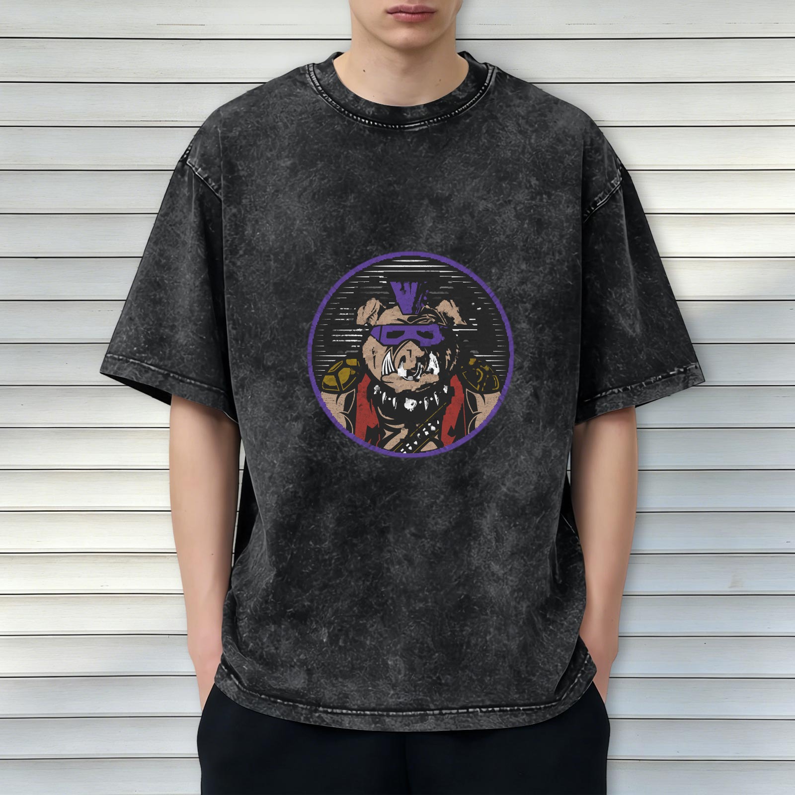 Washed Black Oversized T-Shirt With Retro Pig Villain Graphic Print