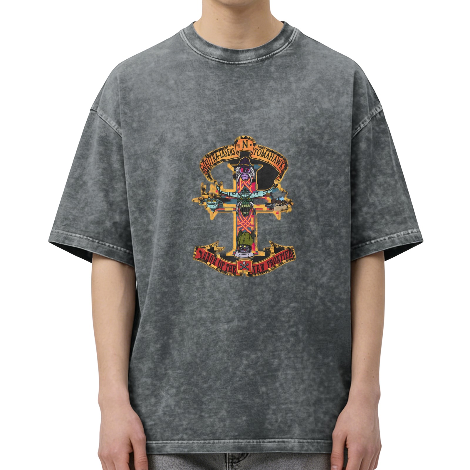 Washed black graphic t-shirt with stylized cross and text print