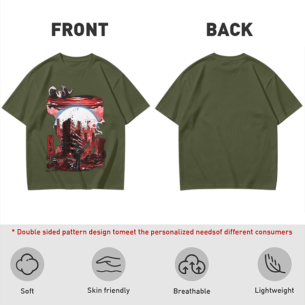 Olive Graphic T-Shirt with Post-Apocalyptic Cityscape Print