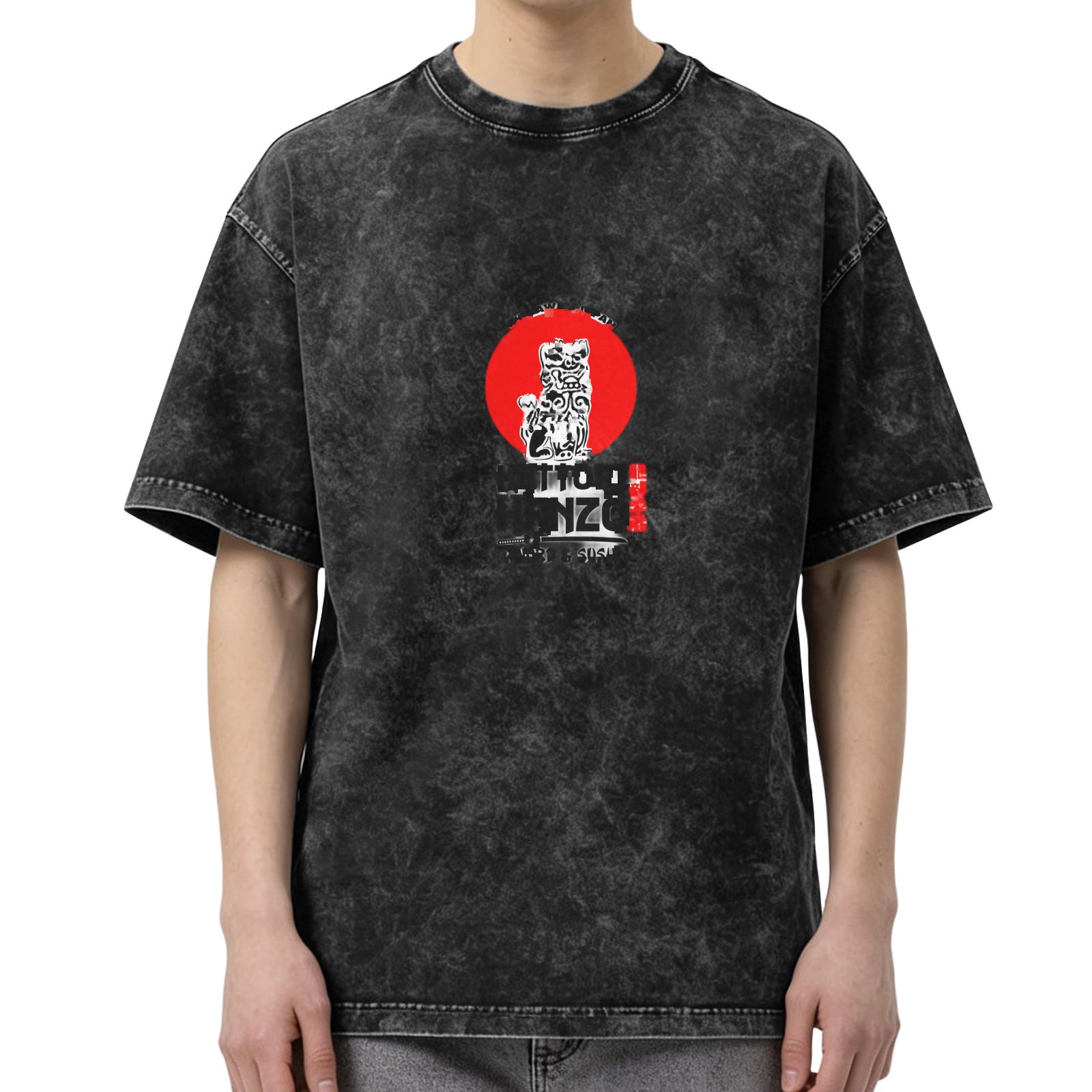 Washed black graphic t-shirt with guardian lion and red sun design