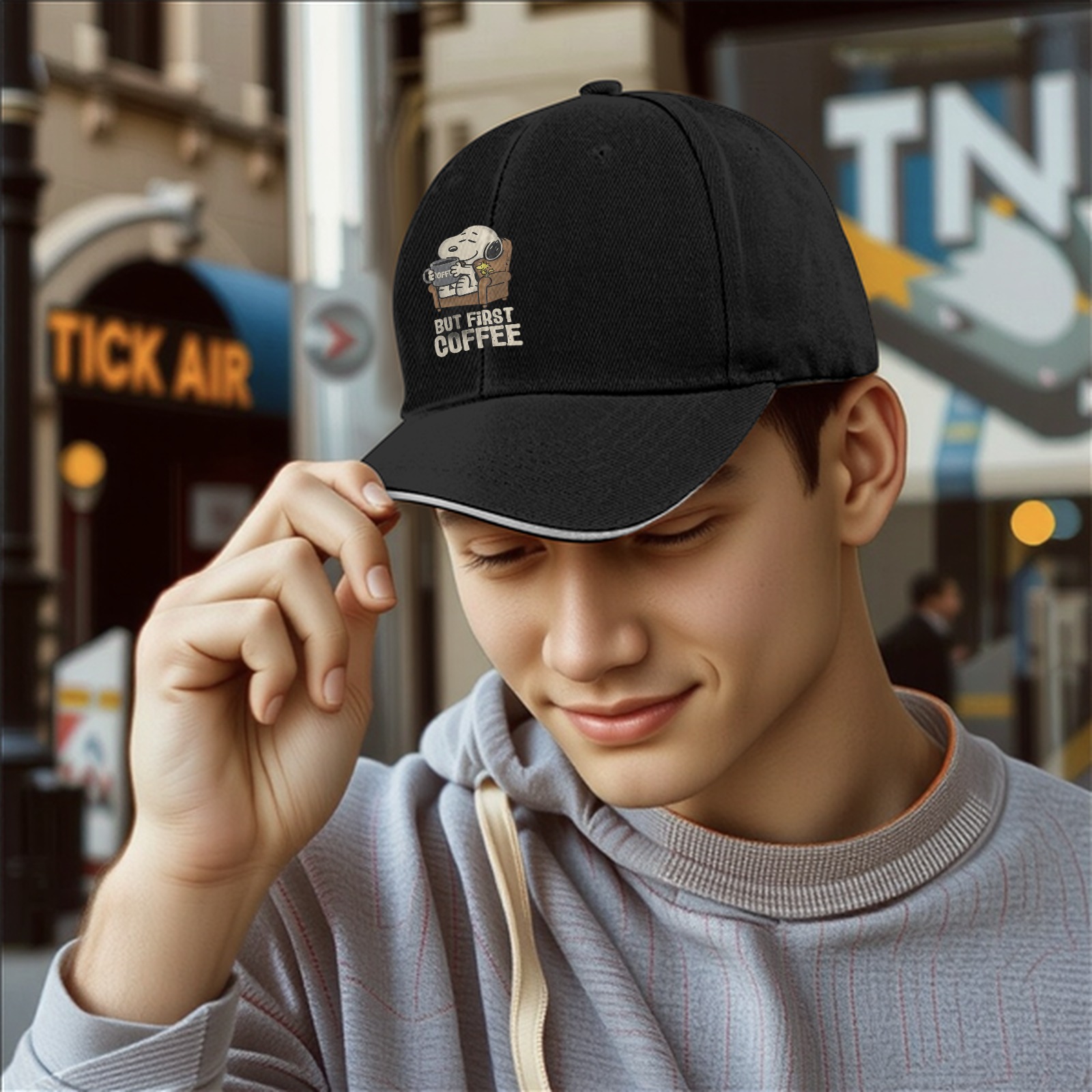 Black baseball cap with Snoopy 'But First Coffee' graphic