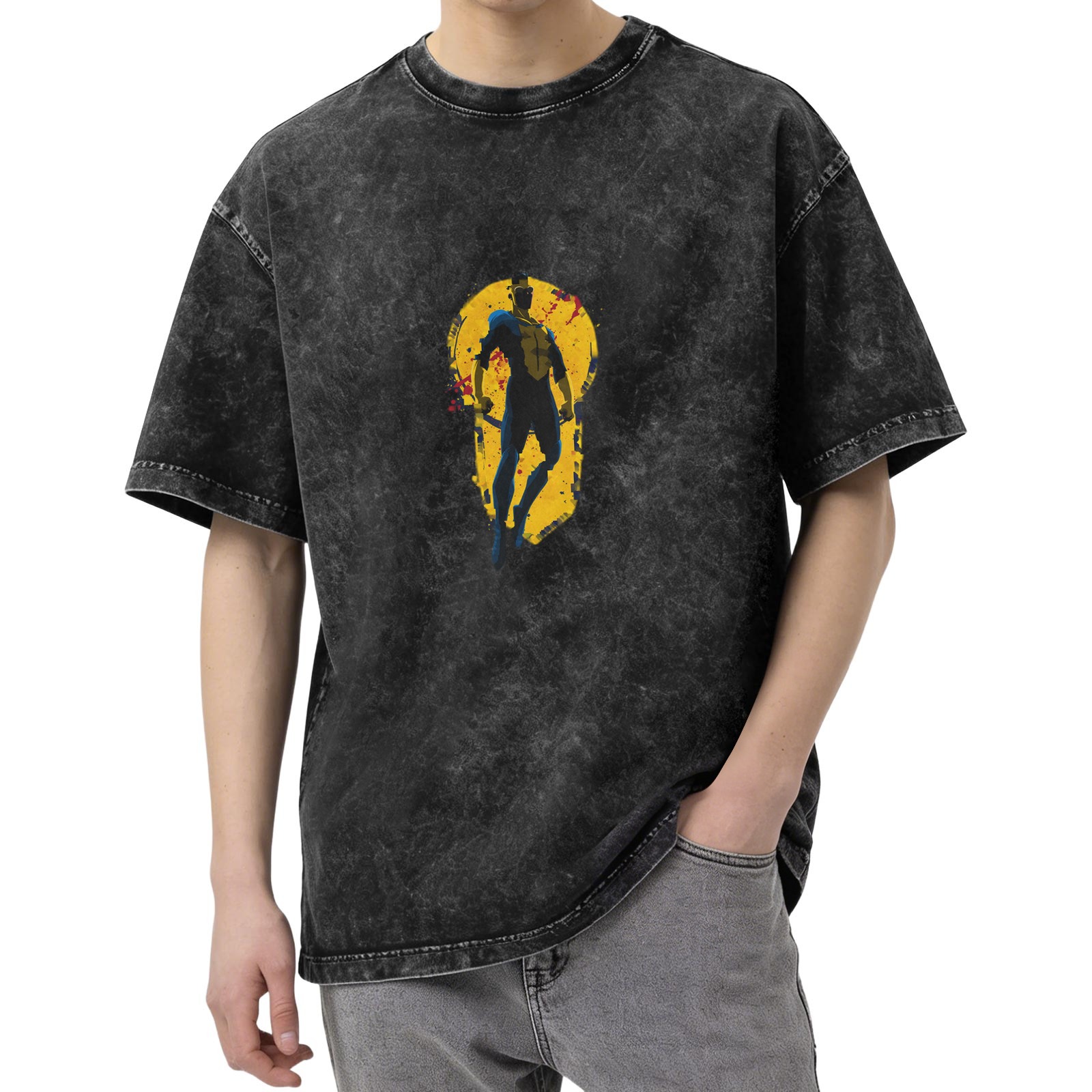 Retro washed distressed superhero printed short-sleeved T-shirt