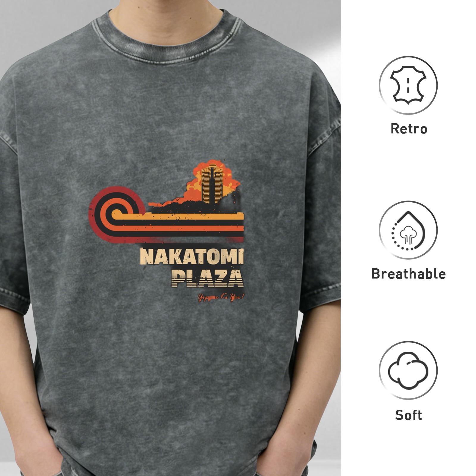 Nakatomi Plaza retro printed distressed washed black loose short-sleeved T-shirt