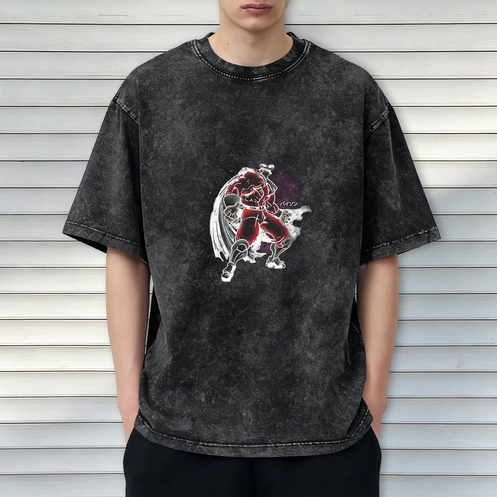 Oversized dark washed graphic t-shirt with anime villain print