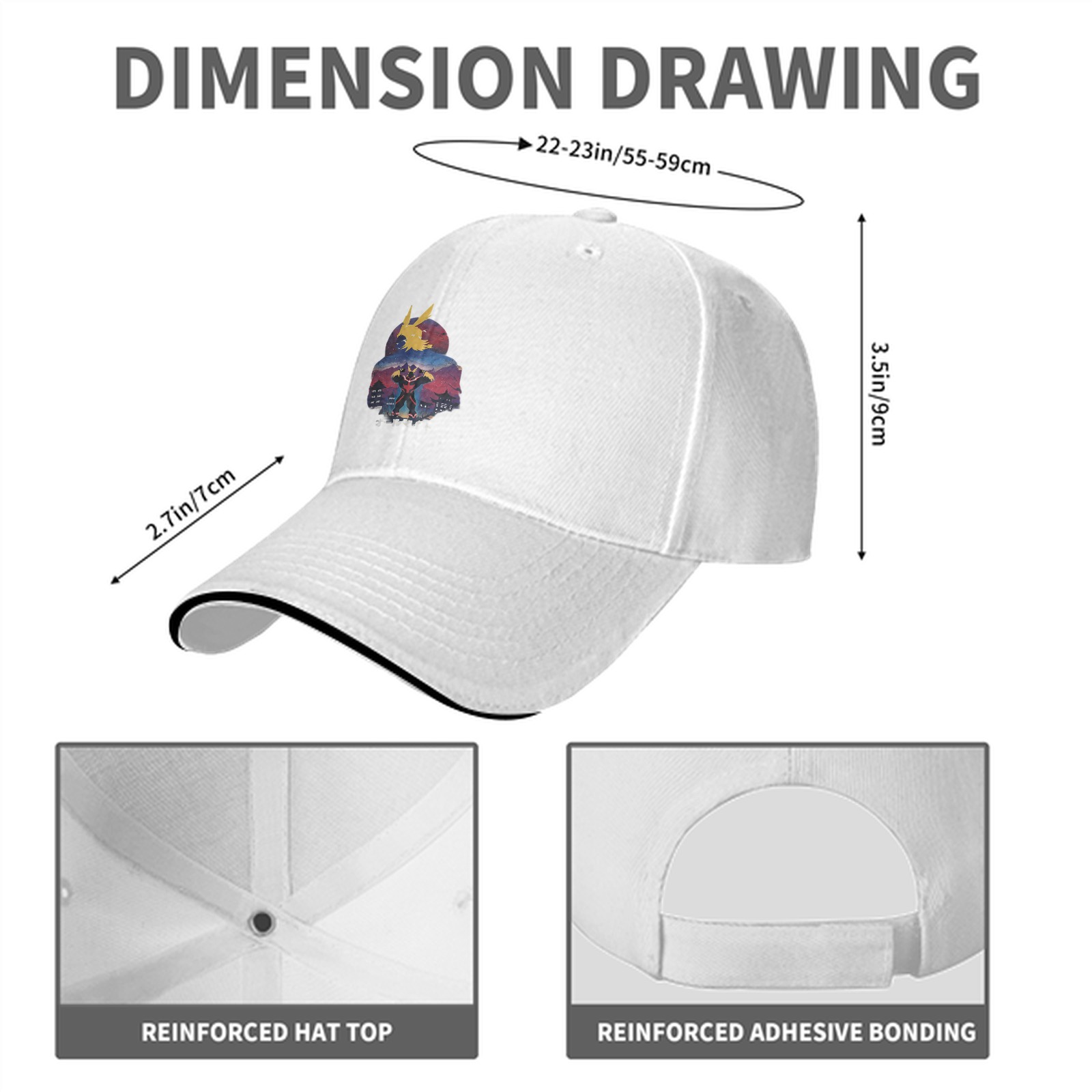 Black baseball cap with anime hero graphic print