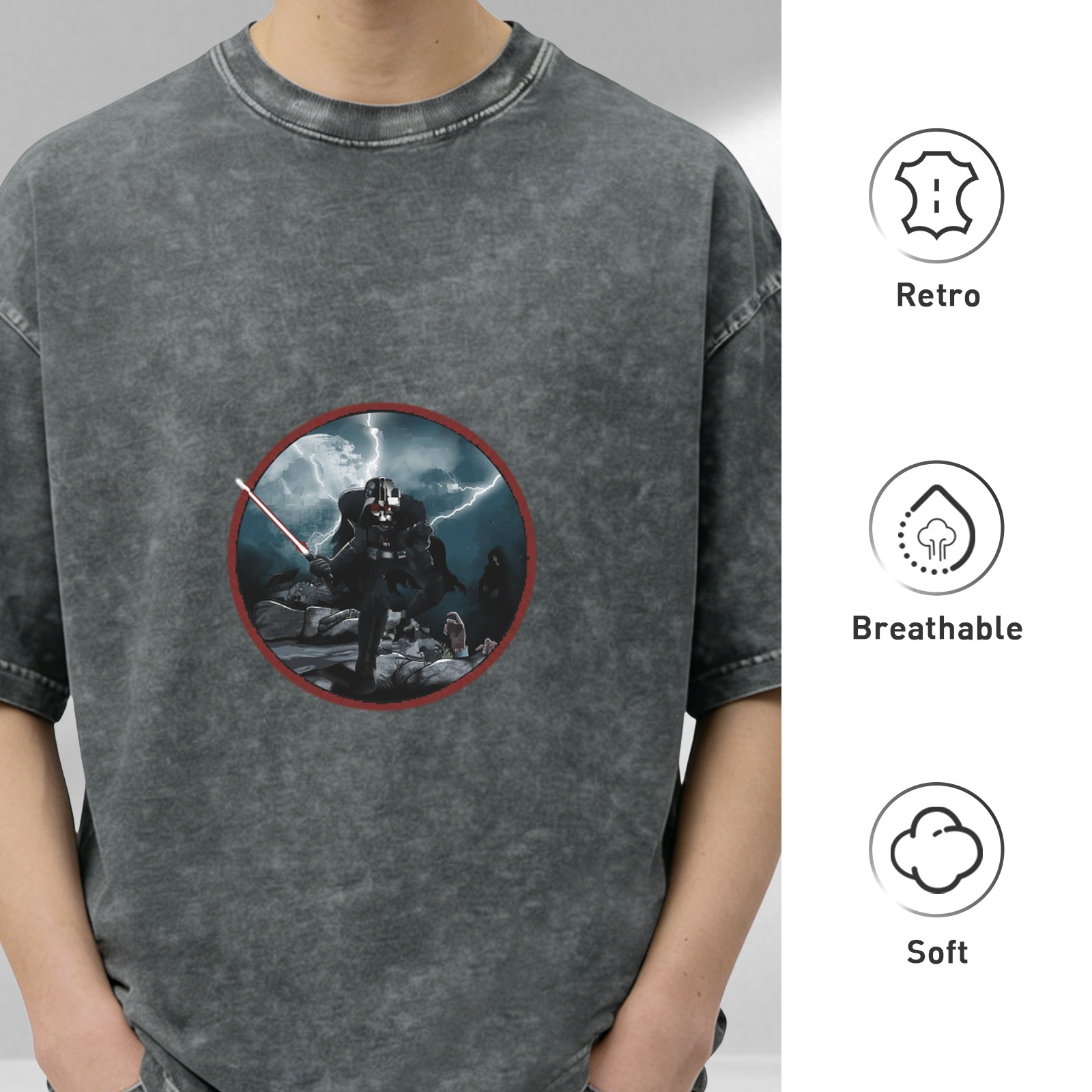 Star Wars Darth Vader Graphic Acid Wash T-Shirt - Dark Gray Oversized Short Sleeve Tee