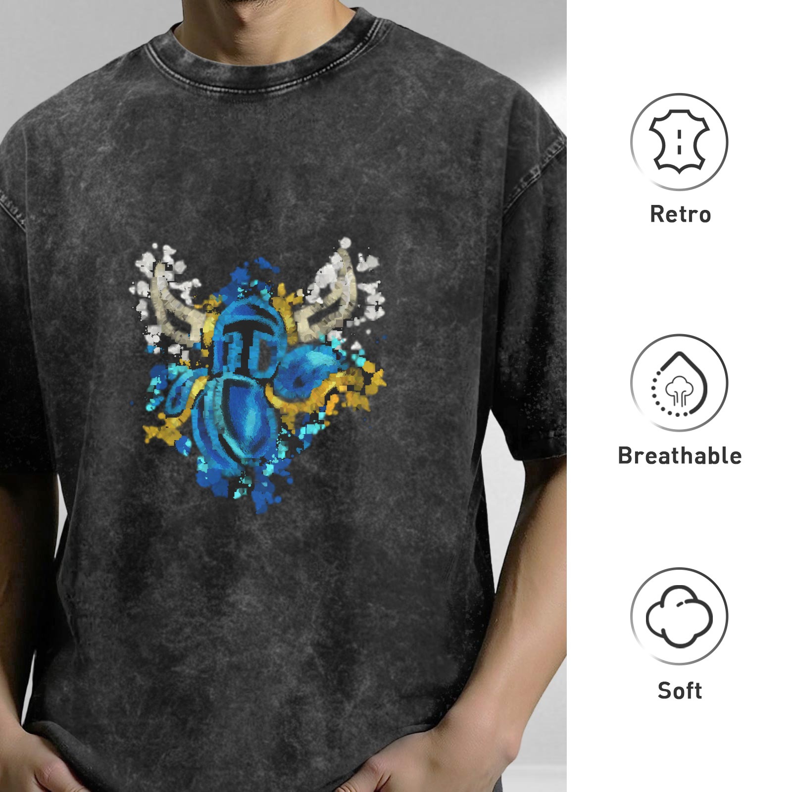 Washed Black Graphic T-Shirt With Viking Helmet Artwork