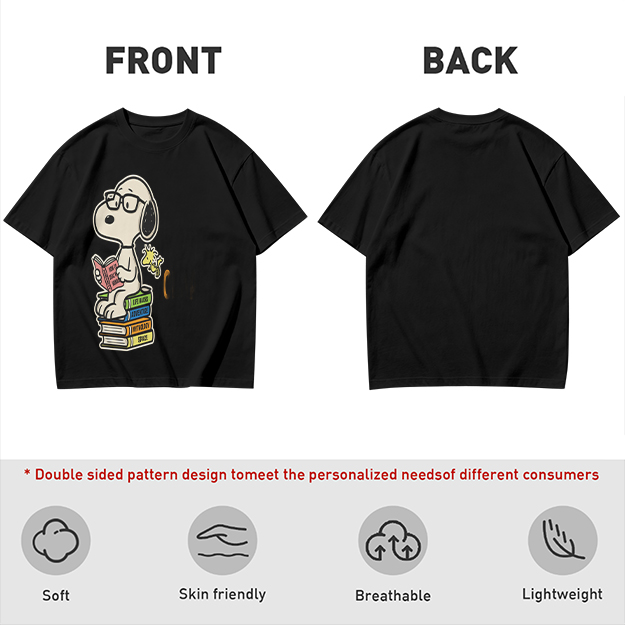 Olive T-shirt with Snoopy reading on stack of books