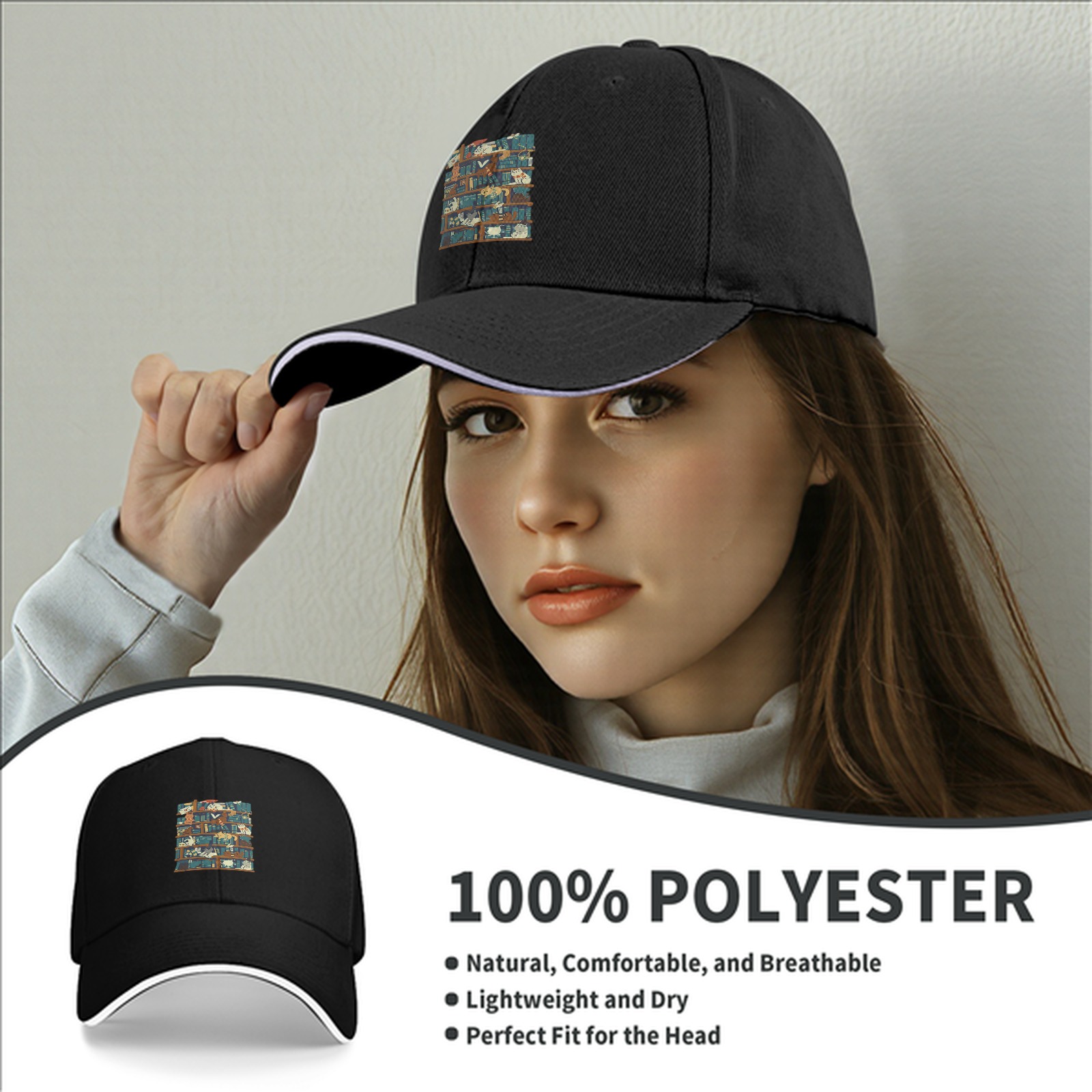 Black Baseball Cap With Playful Cats On Bookshelf Graphic