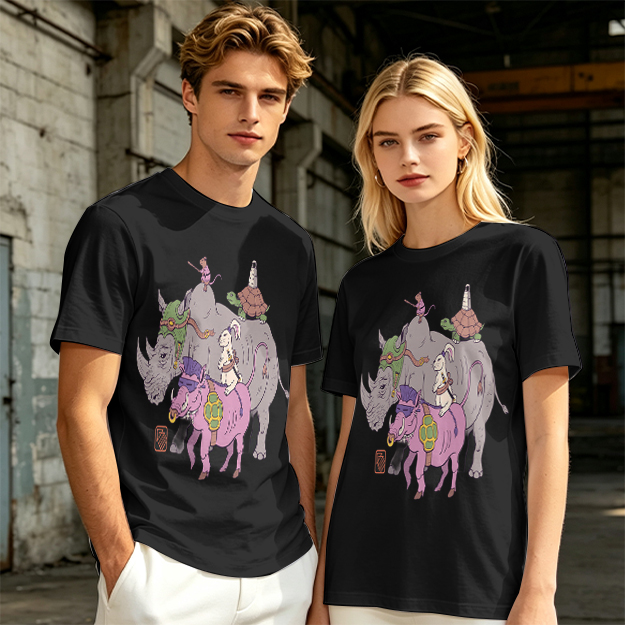 Olive T-Shirt With Whimsical Fantasy Animal Group Print