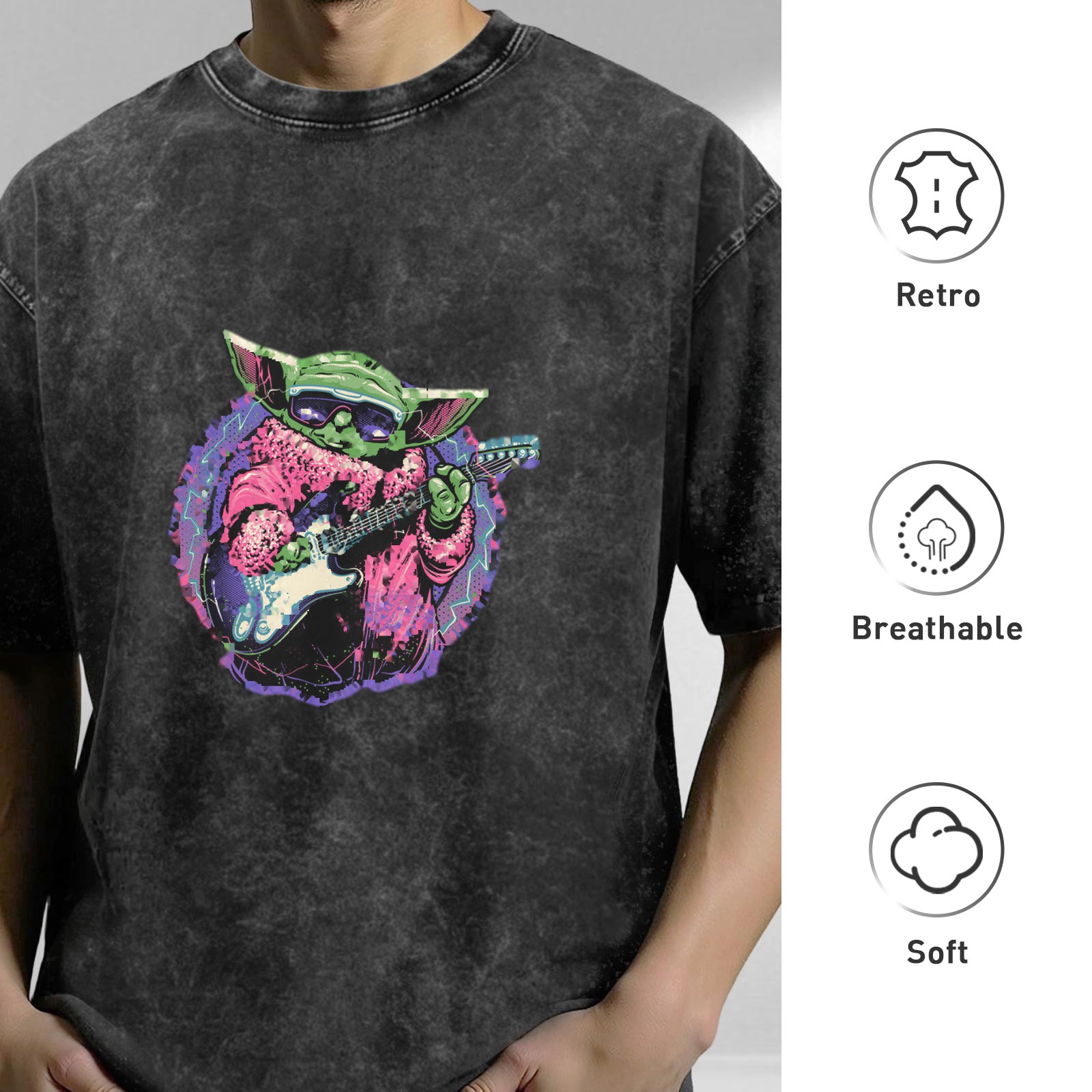 Oversized Acid Wash T-Shirt With Cool Grogu Playing Electric Guitar