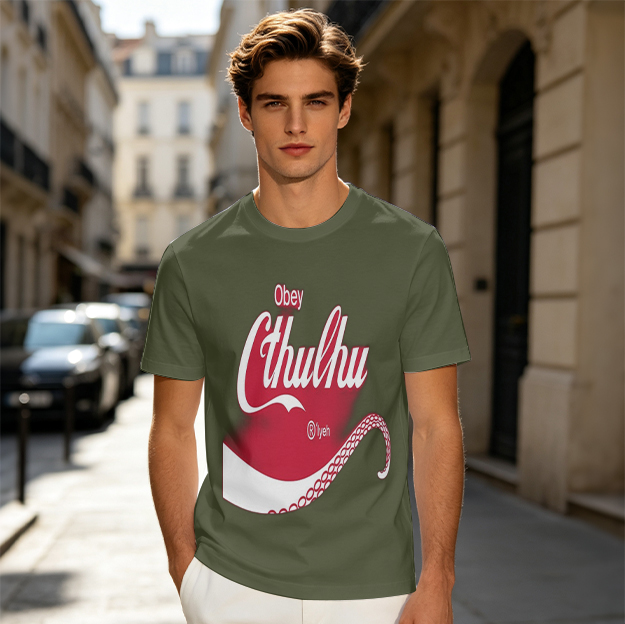 Obey Cthulhu Graphic Print Olive Green T-Shirt