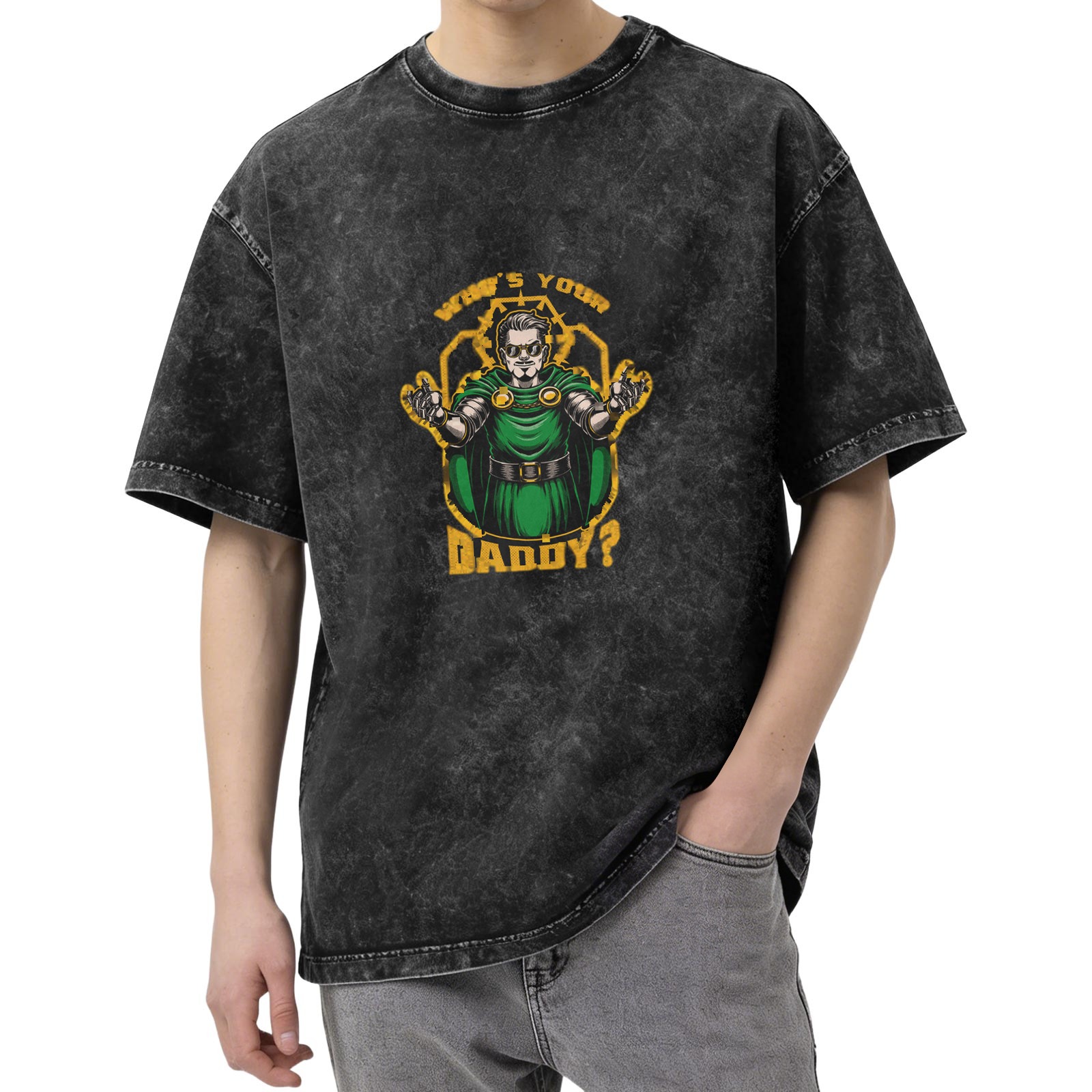 Oversized Dark Wash Graphic T-Shirt With Villain Art Print