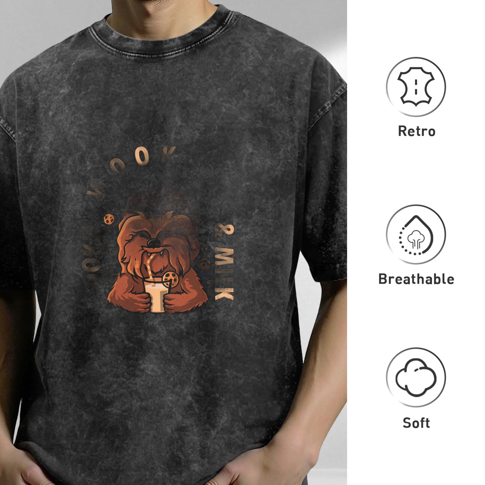 oversized acid wash t-shirt with chewbacca milk and cookies graphic