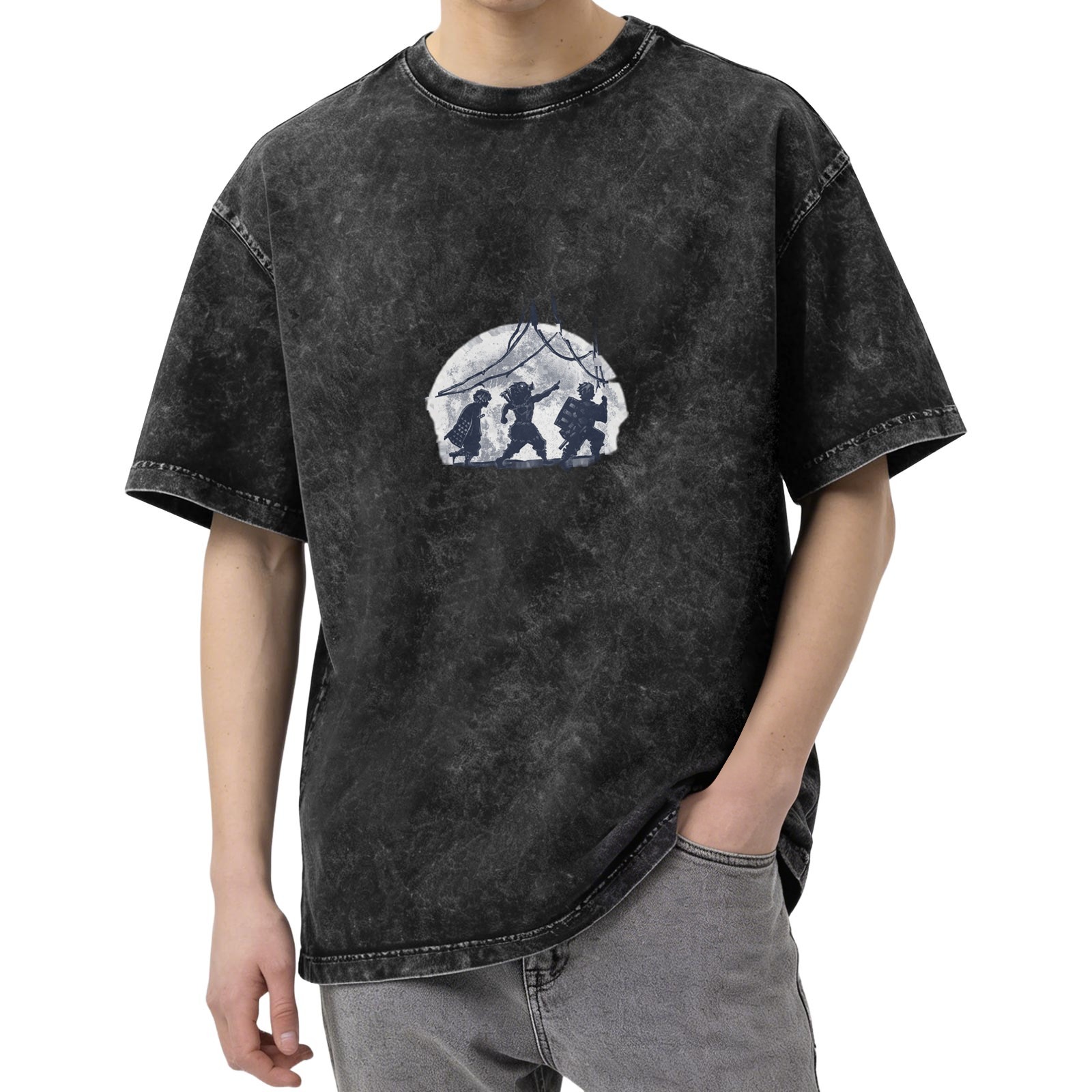 Washed Black Oversized T-Shirt With Moon Warrior Silhouette Graphic