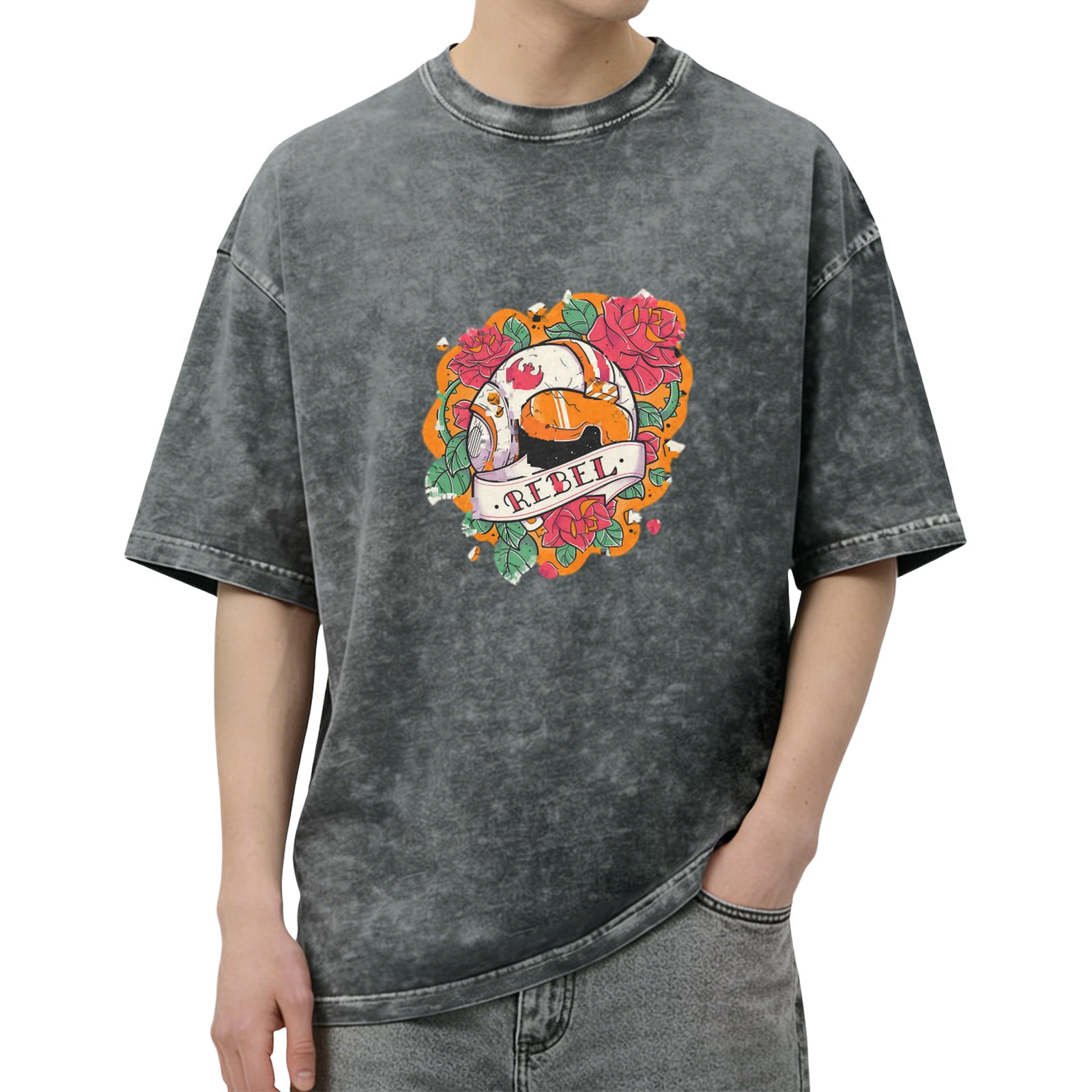 Washed Black Rebel Droid Rose Graphic T-Shirt