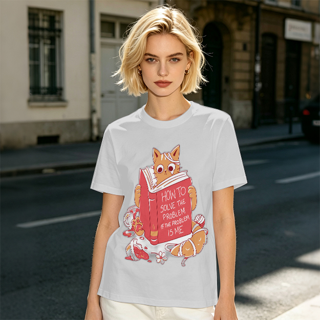 Olive T-Shirt With Ginger Cat Reading Self-Help Book Print