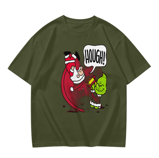 Olive Christmas T-Shirt With Grinch Lifting Santa Claus Print