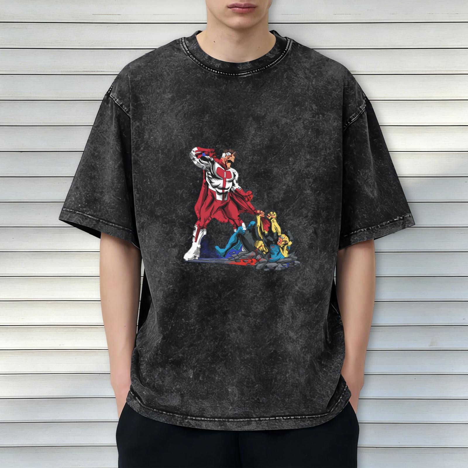 Oversized Dark Wash T-Shirt with Superhero Fight Graphic Print