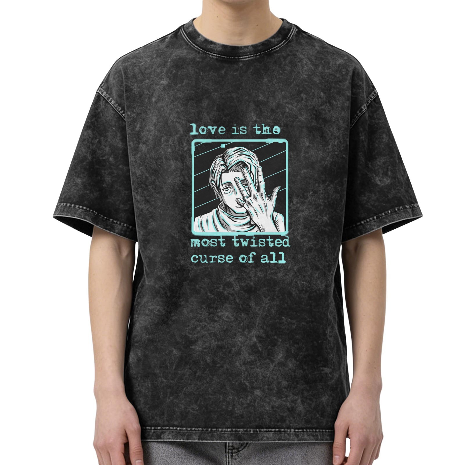 Anime graphic washed t-shirt with 'love is the most twisted curse of all' text
