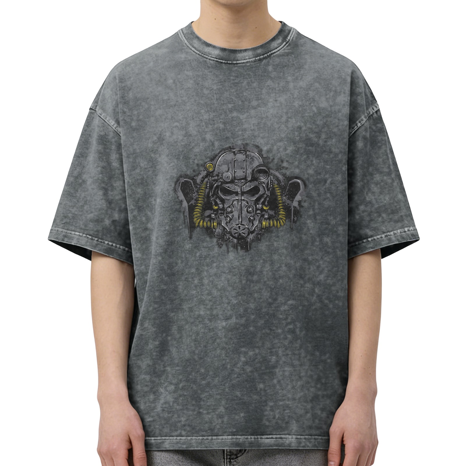 Distressed washed black loose short-sleeved T-shirt Wasteland wind power armor helmet pattern printed top