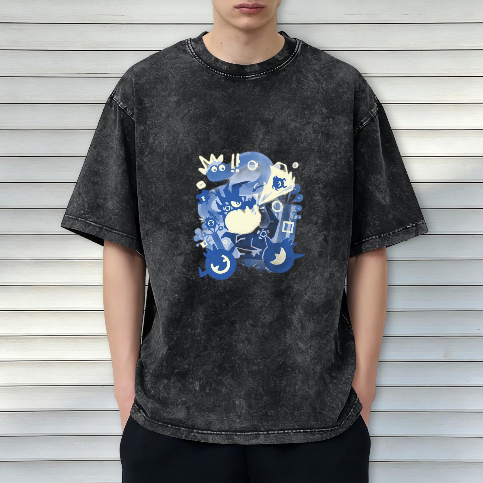 Oversized Washed Black T-Shirt With Blue Whimsical Graphic Print