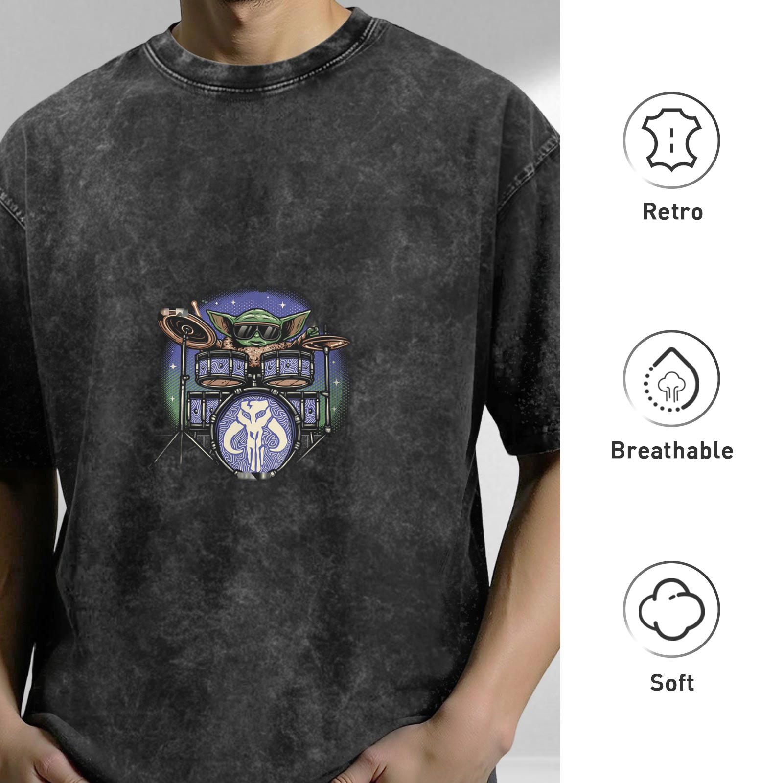 Washed Black T-Shirt Featuring Baby Yoda Playing Drums