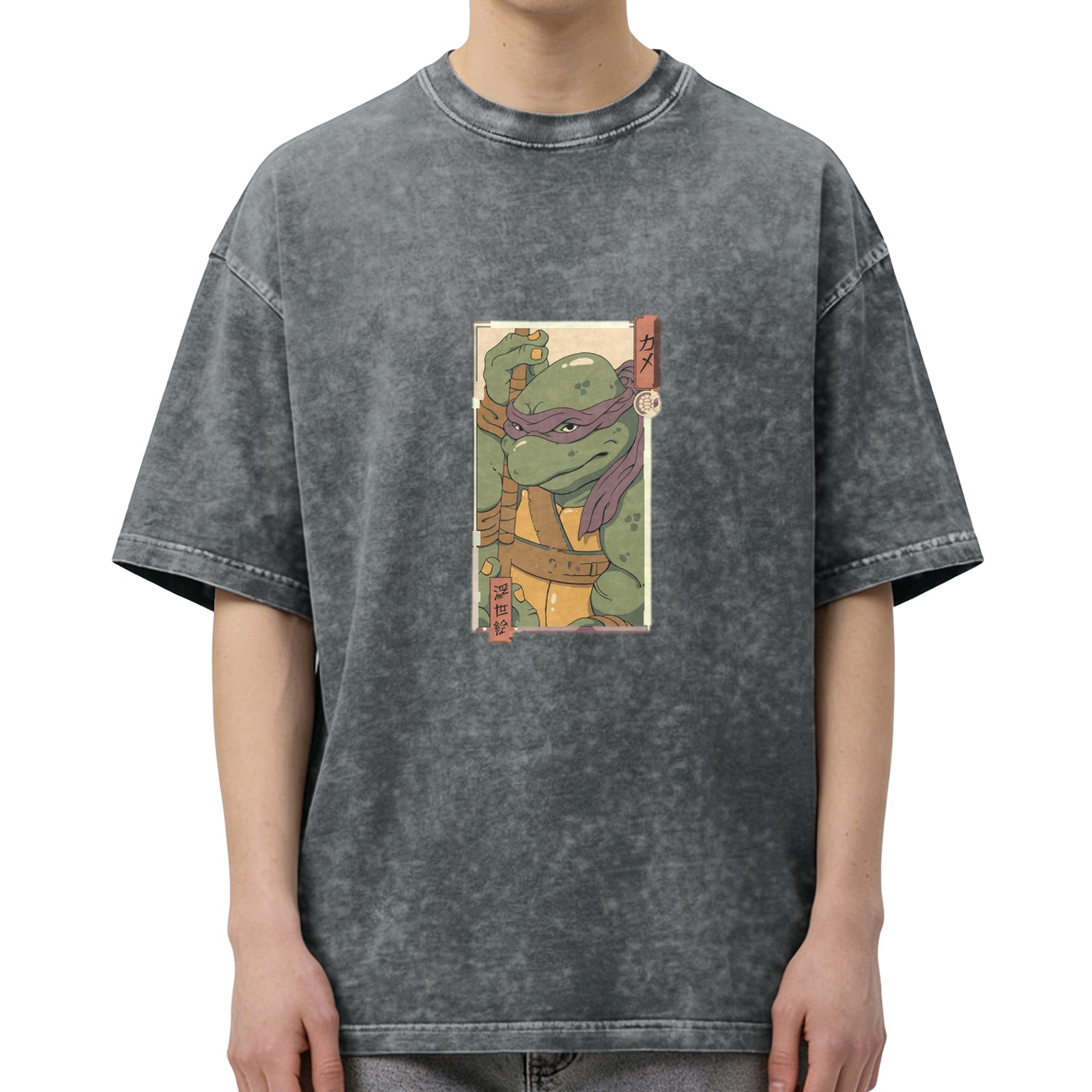 Washed Black Oversized T-Shirt with Purple Mask Ninja Turtle Graphic
