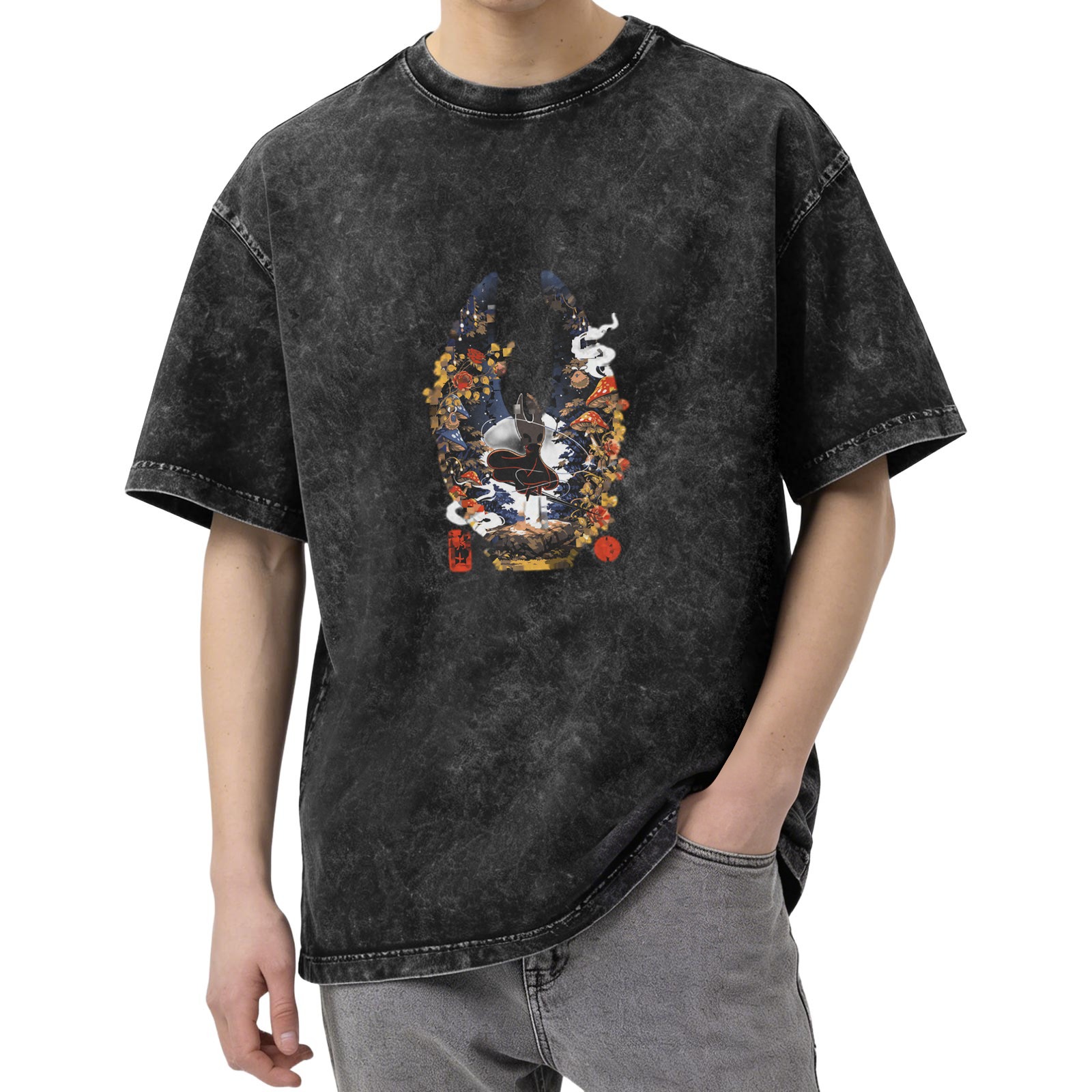Washed black graphic t-shirt with fantasy mushroom and insect warrior design